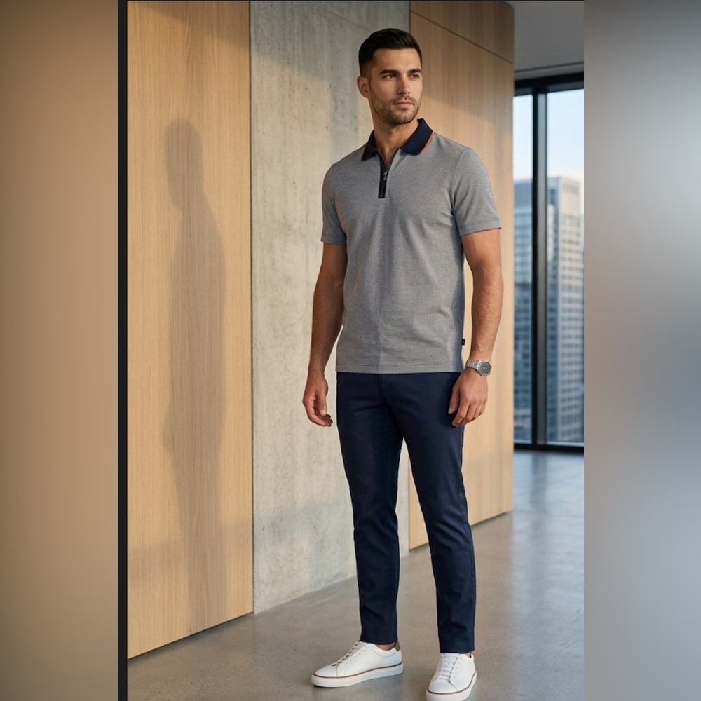 Hugo Boss Slim Fit Quarter-Zip Polo Shirt - Navy/White Soft Cotton Stretch XL